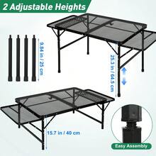 Mesa de camping familiar plegable, mesa de patio con 2 paneles abatibles, mesa de barbacoa de metal con tablero de malla, 2 alturas ajustables, mesa de pícnic grande y mesa de exterior, 2 marcos laterales, ligera, negra Mesa para Camping con Soporte Lateral – Resistente - Negro - Ver 2