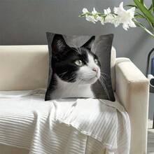 1Pc Vintage Black And White Cat Pattern Throw Pillow Covers - 17.7*17.7 Inches, Single-Side Print, Machine Washable With Zipper, Soft Comfortable Polyester Fabric Cushion Covers, Suitable For Various Room Decorations (Pillow Insert Not Included) - Multicolor - View 6
