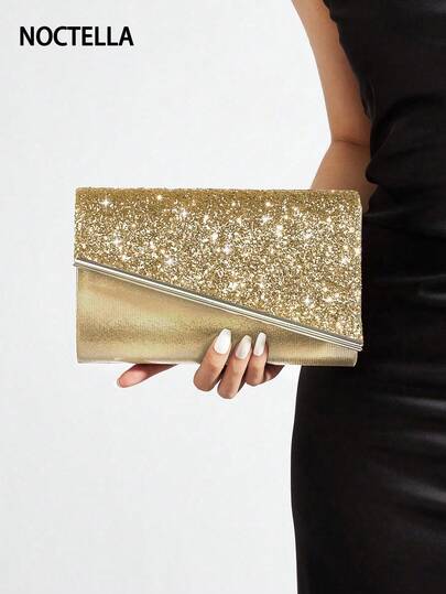 Noctella 这款奢华闪亮的金色亮片拼接手拿包，饰有对比鲜明的金属质感细节，是晚宴、魅力派对和浪漫约会的完美之选。它是送给女性的最佳礼物。