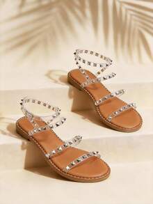 Women's Ankle Strappy Sandals Studded  Flat Sandals Gladiator Sandal For Vacation - 無色 - 查看 4