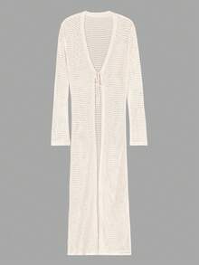 Women's Spring Unique Sexy Hollow Out Sheer Fitted Elegant Long Sleeve Cover Up Top - Milky White - View 4