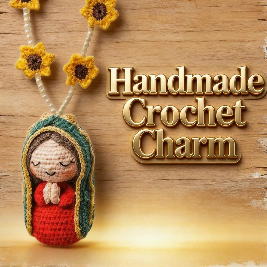 Handmade Crochet Car Charm Hanging Ornament - Unique Car Interior Decor Accessory With Prayer Angel Design - Soft Yarn Dashboard Decor For Safety & Blessing - Cute Red & Green Outfit With Yellow Flowers - Cozy Boho Car Decor For Men & Women - Ideal Gift For Boyfriend, Husband, Father, Friend - Car Accessories, Car Decor, Gifts For Men, Car Stuff, Auto Interior Embellishment, Personalized Vehicle Gift - A - 查看 1