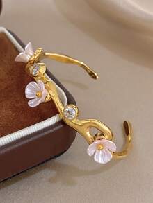 سوار أنيق بزهور، سوار من الفولاذ المقاوم للصدأ مرصع بالراين، طقم مجوهرات ذهبي اللون للنساء للارتداء اليومي والحفلات، هدية عيد الميلاد - متعدد الألوان - مشاهدة 4