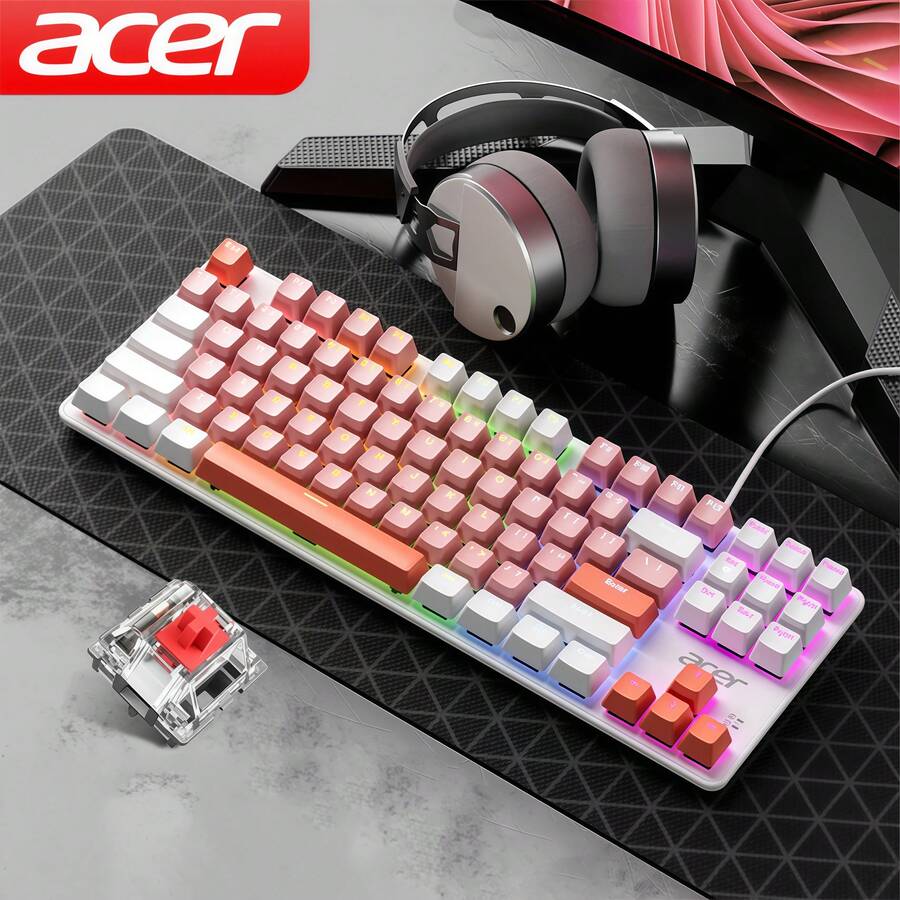 Acer OKW132 Split Mechanical Keyboard With Durable Silicone Keycaps, 87-Key Floating Design, Splash-Resistant, N-Key Anti-Vibration, Stable And Long Battery Life, Smart Device Switching, Pink/White - Pink - View 1