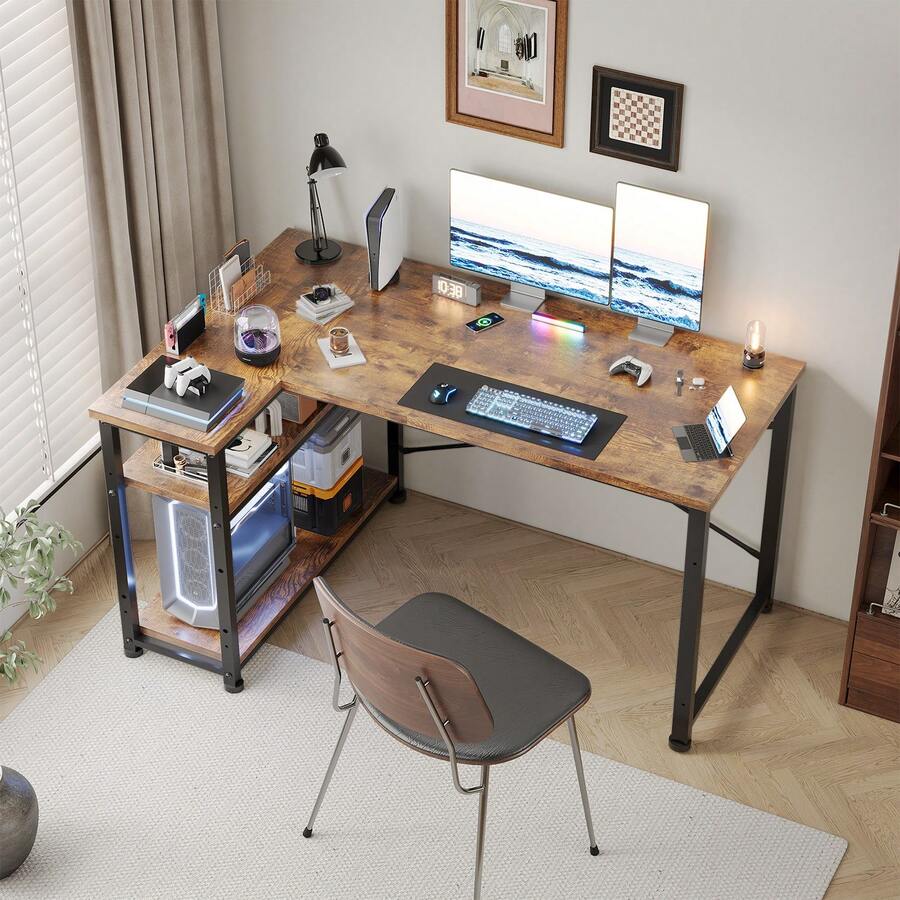 Gunji 110cm L-Shaped Desk, Reversible Corner PC Workstation With Shelves & Hooks For Home Office & Bedroom - 鏽棕色 - 查看 1