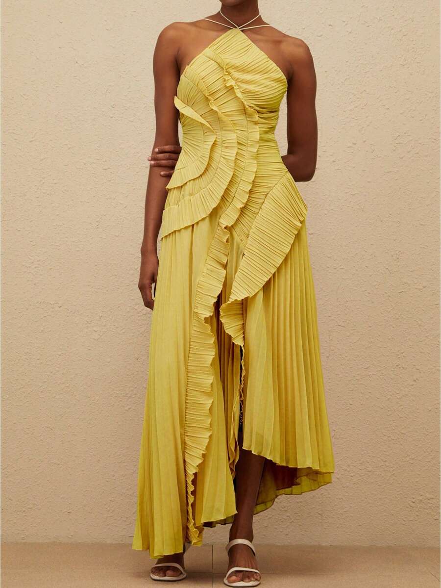 Women's Boho Halter Backless Maxi Dress Sleeveless High Waist Ruffled Party Prom Evening Dresses - 黃色 - 查看 1