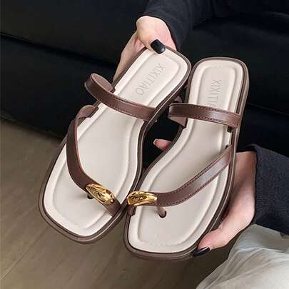 XIXITIAO 1 Pair Women's Simple Color Block Flip Flops, Soft Sole Outdoor Thong Sandals, Versatile Solid Color Flat Toe Post Slippers, Minimalist Style, Comfortable Casual Beach/Outdoor/Party Wear