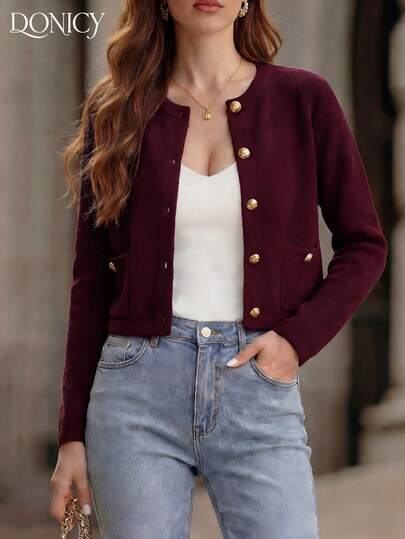 DONICY Cárdigan de punto holgado de mujer de unicolor con cuello redondo, manga larga, botones metálicos y bolsillos dobles, suéter de punto versátil para uso casual diario, elegante y de moda, adecuado para el Día de San Valentín, Carnaval