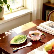 1SET Ceramic 3D Hand-Painted Pink Rose Flower And Leaf Tea Cup And Saucer Set,1pc Coffee Mug(Capacity: 150ml),1pc Saucer,1pc Butterfly Spoon,Valentine's Day, Mother's Day Gifts - Pink - View 6