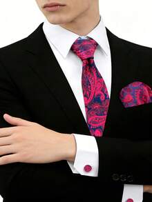 3pcs/Set Luxury Men's Necktie, Pocket Square, Cufflinks Set, High-Quality Polyester Fabric, Fashion Style, Suitable For Party, Wedding - Rose Red - View 13