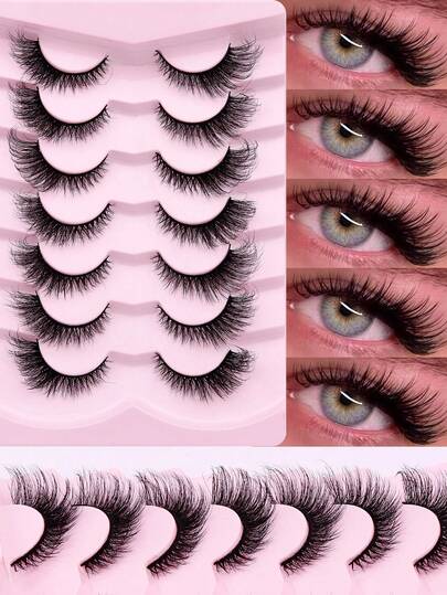 7对半截式猫眼假睫毛，卡通风格，短款柔软3D合成貂毛睫毛，柔软自然，持久耐用，可放大双眼，可重复使用，易于使用和操作，适合女性。