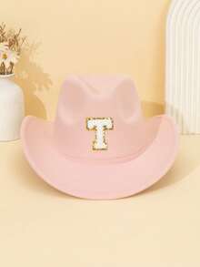 1pc Unisex Children's Letter Decor Pink Felt Brimmed Hat, 26 Letters Available, American Western Cowboy Style, Outdoor Casual Sun Hat For All Seasons, Suitable For Daily Wear, Parties, Outdoor Activities, Children's Gift - Pink - View 47