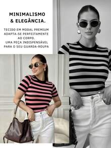 Short-Sleeved Striped Modal Blouse With High-Quality Stretch. - Rose - View 2