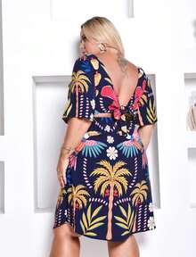 Women's Plus Size Printed Midi Short Dress - Azul marino EST - Ver 2