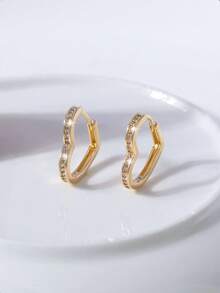 1 par de pendientes minimalistas con forma de corazón de circonita blanca para mujer, adecuados para uso diario - Dorado - Ver 1
