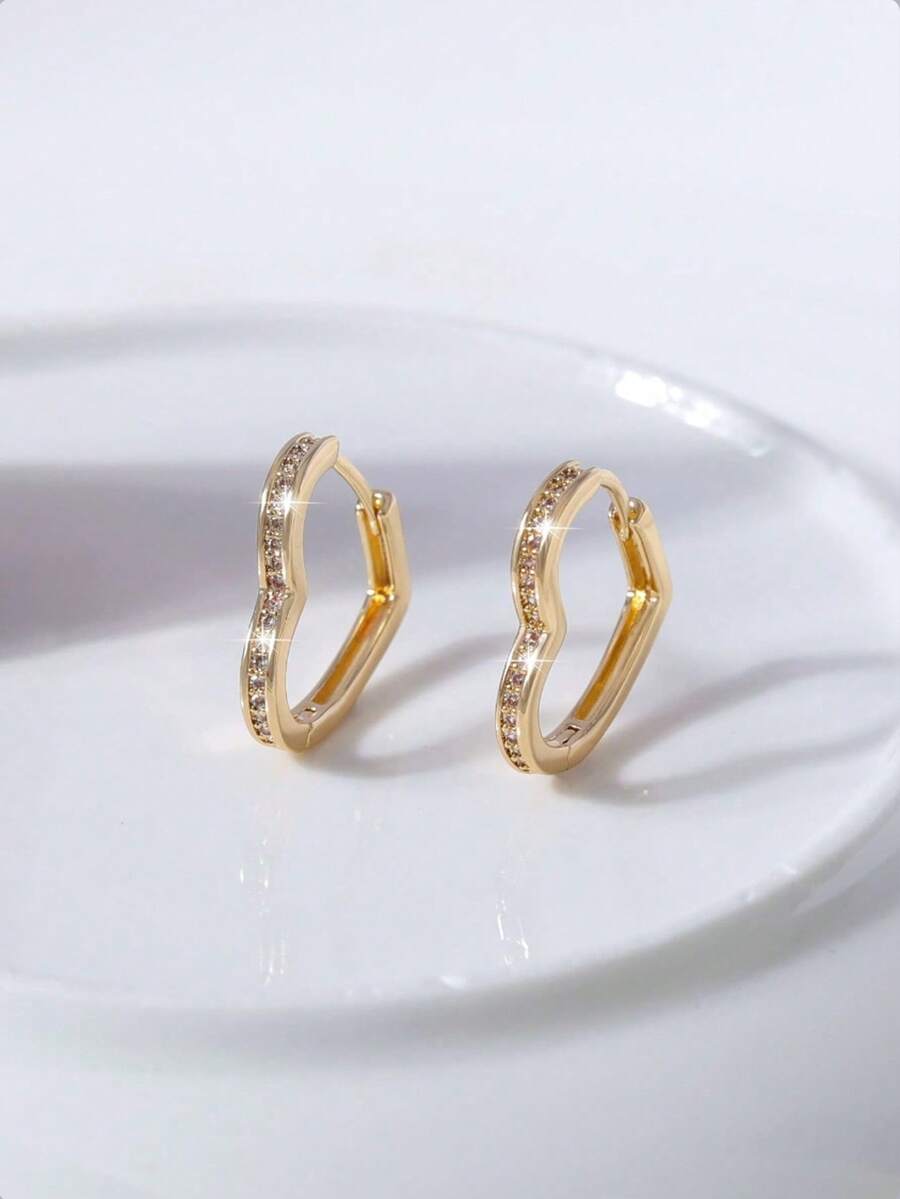 1 par de pendientes minimalistas con forma de corazón de circonita blanca para mujer, adecuados para uso diario - Dorado - Ver 1
