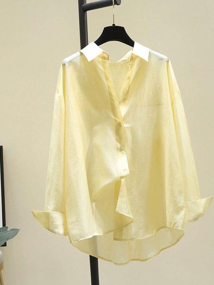 Women's Solid Color Drop Shoulder Long Sleeve Single-Breasted Casual Loose Semi-Sheer Blouse Spring - Yellow - View 1