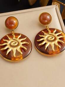 1Pair Temperament Retro Geometric Brown Resin Diamond Hollow Circle Leopard Print Pendant Gold-Plated Small Flower Sun Face Accessory Jewelry Earrings - Hollow Sun - View 9