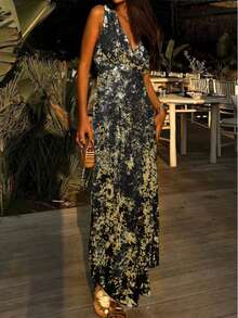 Ladies Golden V-Neck Sleeveless Long Summer Elegant Dress - màu đen - Xem 5