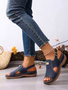 2026 New Plus Size Wedge Open Toe Sandals, Women Fashion Hollow Out Comfortable Lightweight Casual Versatile Sandals,Summer Outfits - Navy Blue - View 3