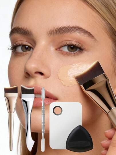 Multifunctional Makeup Tool Set - Flat Head Makeup Brush, Metal Palette Knife, Makeup Palette, Makeup Sponge, For Daily Makeup / Color Mixing