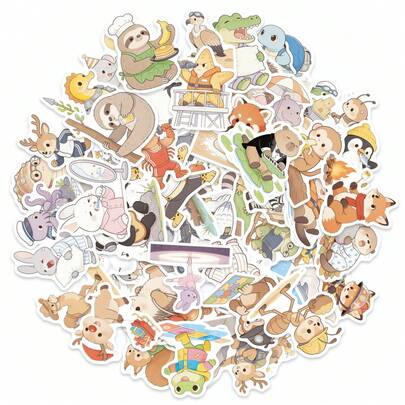 56pcs Adventure-Themed Animal Stickers - Waterproof Vinyl Decals With Animals In Explorer Outfits For Laptop, Water Bottle, Luggage & Scrapbooking. Perfect For Travel And Nature Enthusiasts To Add A Fun, Adventurous Vibe To Daily Belongings