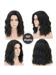 男士14英寸长波浪卷发假发 - 200克高密度耐热合成纤维，黑色和棕色可选，含假发帽，适合日常佩戴、角色扮演、万圣节和化装舞会等场合 - 彩色 - 查看 6