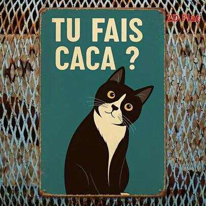 2D Flat - 1pc 8x12 Inch Vintage Iron Sign | "TU FAIS CACA?" Funny French Phrase, Black Cat Graphic, Rustic Style Decor, Suitable For Home, Bar, Cafe, Garage - Iron Wall Hanging, Perfect Room Decoration