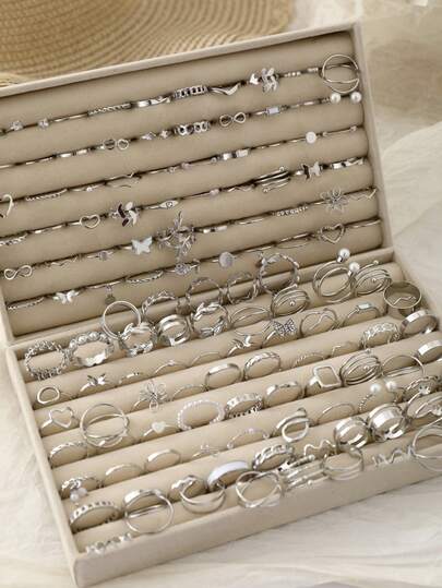 66/68件/套复古时尚心形、蝴蝶结、螺旋、十字架仿珍珠金属光滑优雅个性化戒指套装，适合日常佩戴、通勤、节日，是斋月、情人节、母亲节的最佳礼物。