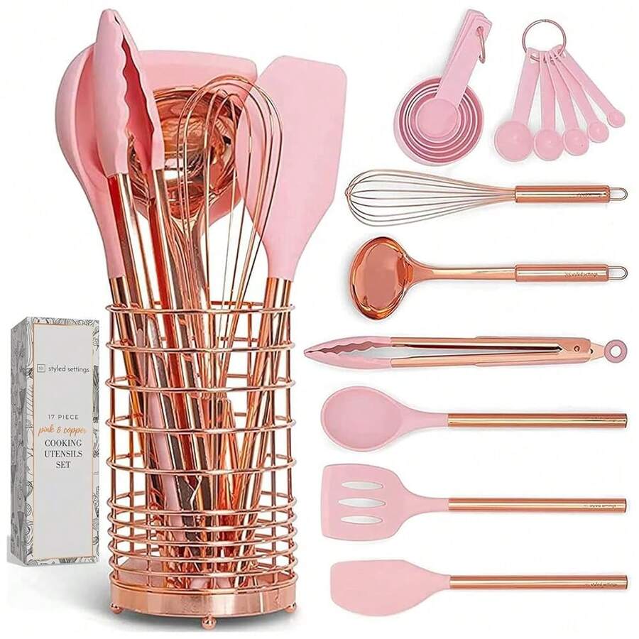 Copper And Pink Kitchen Utensils Set - 17-Piece Silicone CooFKing Tools With Copper Utensil Holder And Pink Measuring Cups And Spoons For BaFKing And Everyday CooFKing - Stylish Kitchen Accessories - 粉紅色和銅色 - 查看 1