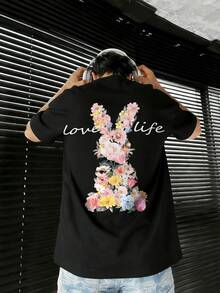 2026 New American-Style% Cotton-ShirtZrgoth Men's Fashion Floral Healing Style Loose Short Sleeve-Shirt| Floral & Rabbit Print, Love Life| Exquisite Design| Summer Essential| Versatile & Easy To Wear| Boyfriend/Girlfriend To Personal Style - Black - View 2