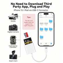Bộ chuyển đổi 2 trong 1 đầu đọc thẻ SD Type-C khe cắm kép, hỗ trợ thẻ SD và TF, di động, tương thích với iPhone 17/16/15/14/13/12/11/XS/XR, tương thích với dòng iPad, cắm là dùng ngay với cáp. - trắng - Xem 5