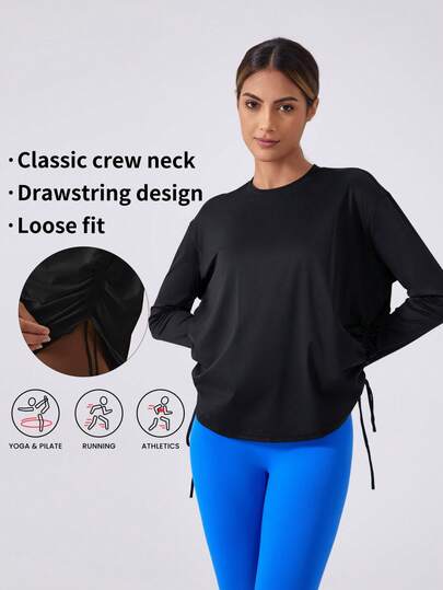 Women's Casual Loose Fit Long Sleeve T-Shirt, Adjustable Drawstring Design, Comfortable For Daily Wear, Running, Yoga