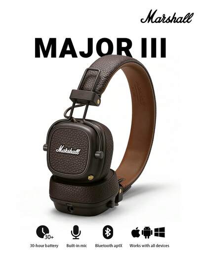 Marshall Major III 无线蓝牙头戴式耳机，可折叠耳机带麦克风，30 小时以上续航，低音浑厚，轻巧便携，适合旅行、通勤、工作，兼容 iOS 和安卓系统。