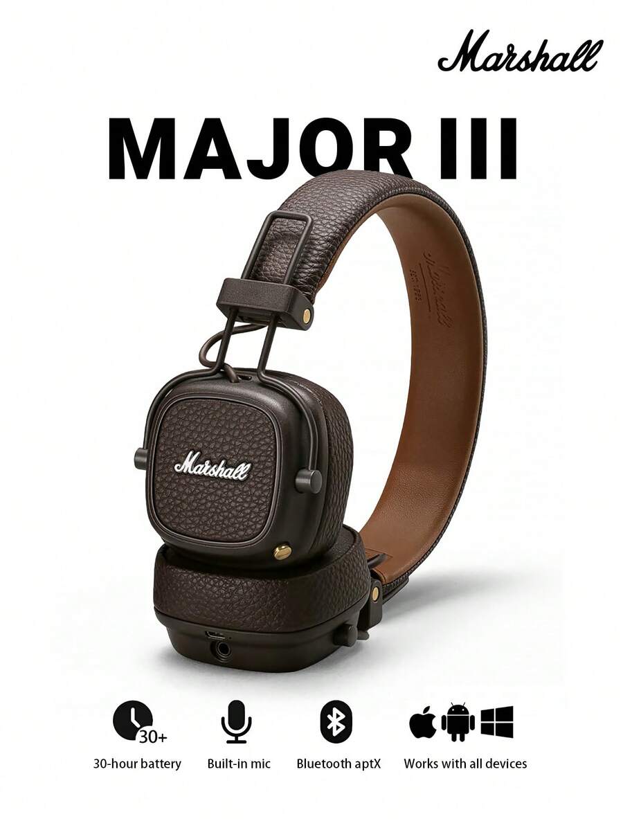 Marshall Major III 无线蓝牙头戴式耳机，可折叠耳机带麦克风，30 小时以上续航，低音浑厚，轻巧便携，适合旅行、通勤、工作，兼容 iOS 和安卓系统。