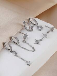 5pcs Shiny Cubic Zirconia Star & Moon Chain Earrings, Suitable For Women's Daily Wear, Dates, Parties, Gatherings, Holiday Gifts - Silver - View 2