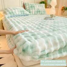 Tie-Dye Milk Velvet Bedding Set Ultra Soft Faux Rabbit Fur Fitted Sheet Bed Skirt - Rouge Powder - View 5