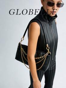 Women's Pleated Shoulder Bag, Fashionable Black Faux Leather Handbag With Multi-Layer Gold Chain Decor And Woven Strap, Suitable For Office, School, Business, Commuting, Outdoor, Travel, Work, Shopping, Gift For Friends, Casual Travel And Vacation, Matching Simple Outfits For Outdoor Leisure And Shopping - Black - View 5