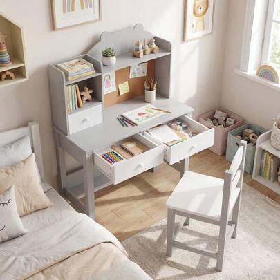  COSTWAY Kids Desk And Chair Set, Study Table With Hutch, Bulletin Board & Drawers, Wooden Children Writing Table For Reading, Home, School, Student Computer Workstation For Boys Girls Over 3 Years Old, Grey