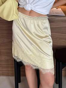 女士优雅通勤迷你裙，蕾丝拼接缎面裙，纯色优雅梭织面料蕾丝拼接通勤办公日常约会裙，春夏款 - 黃色 - 查看 4