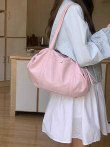 手工褶皱饺子造型轻便尼龙芭蕾瑜伽包，手提单肩包，韩式健身包，适合工作和旅行 - 粉色 - 查看 5