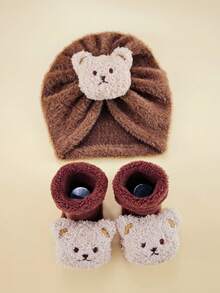 2件装 1-6个月婴儿加厚卡通熊毛绒针织帽和袜子套装，新生儿可爱保暖抓绒帽袜套装，秋冬季 - 彩色 - 查看 17