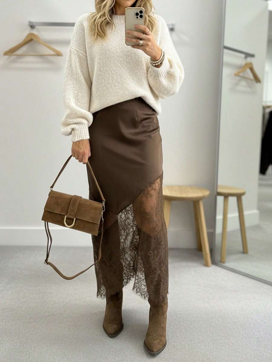 优雅纯色针织面料蕾丝拼接拉链修身半身裙，修身裙型设计，适合日常穿着，秋冬季（YY1127）春季 - 棕色 - 查看 1