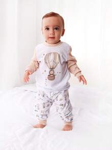 Pijama Infantil Menino Menina e Unissex em Tecido Cotton Conjunto Pijama 2 Peças Manga Longa Calça com Cintura Elástica Confortável 1 a 4 Anos Estampa Fofinha - Marrom Claro - Visão 4