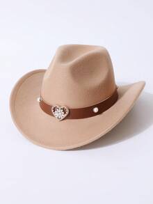 Women's Brown Western Cowboy Hat With Heart-Shaped Metal Decor, Pearl Rivet Embellishment, Leather Hat Band, Fashionable Cowgirl Hat Suitable For Daily Wear And Outdoor Activities. This Women's Brown Western Cowboy Hat With Pearl Rivet Heart-Shaped Leather Hat Band Is An Ideal Choice For Participating In Rodeo Competitions And Casual Outfitting. - Women's Heart Pearl Hat - View 15