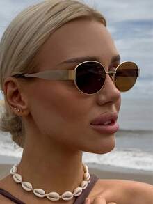 1pc Oval Fashionable Metal Fashion Glasses, Retro Versatile Casual Women's Fashion Glasses, Suitable For Autumn/Winter And Summer Beach Accessories - Brown - View 2