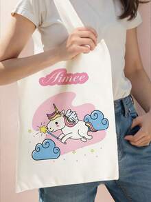 1pc Kids Customizable Name/Text Cartoon Pony Print Casual Tote Bag Shoulder Bag Shopping Bag, Reusable Fashion Backpack Multi-Function Shoulder Bag Shopping Bag - Multicolor - View 4