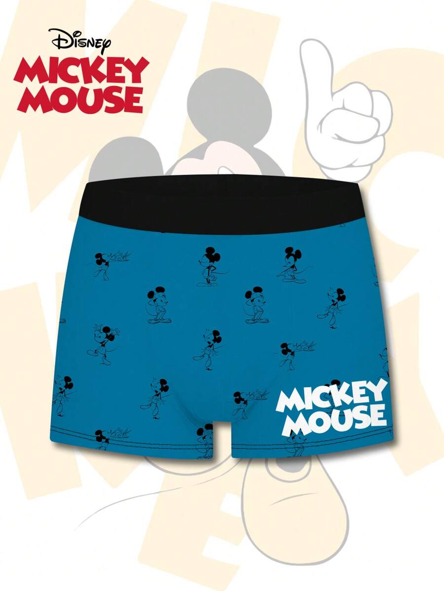 Disney 时尚迪士尼3D蓝色米奇印花男士平角内裤，日常休闲必备内衣