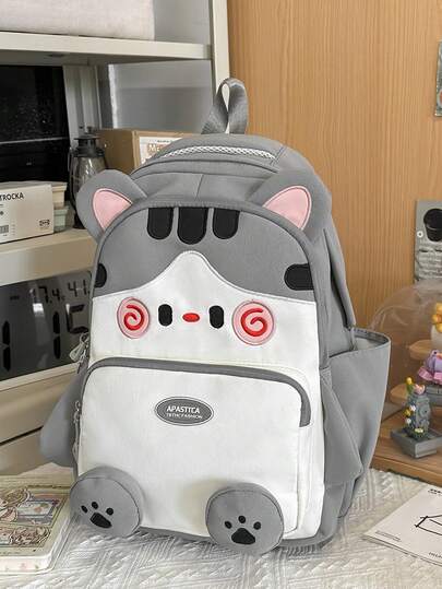1pc Gray & White Patchwork Cat Shaped Canvas Backpack, Zipper Closure, Large Capacity, Suitable For Students And Commuting, All Seasons