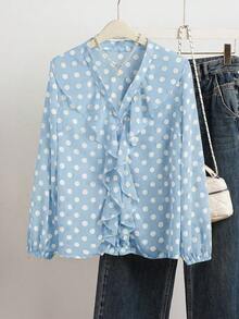 Women's French Romantic Elegant Polka Dot Ruffle Blouse Vacation - Baby Blue - View 3